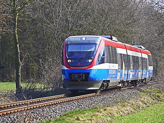 Blue and red regional train on rural tracks