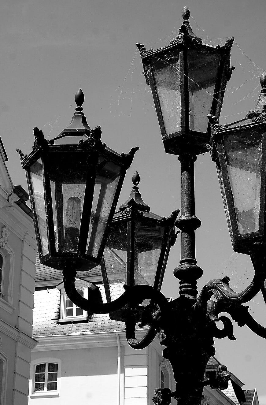 Vintage black and white street lamp close up