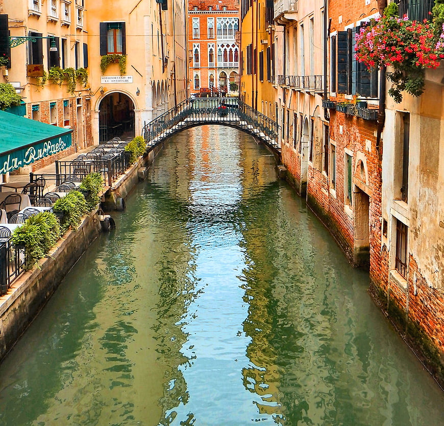 Venice Canal View With Historic Bridge And Colorful Buildings