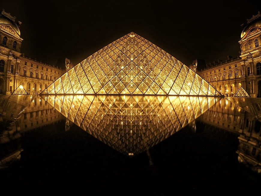 Louvre Pyramid Reflection at Night in Paris