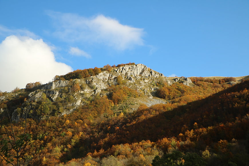 Autumn Mountain Landscape with Golden Forest and Blue Sky