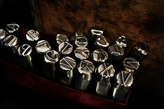 Vintage Metal Letter Stamps in Wooden Box