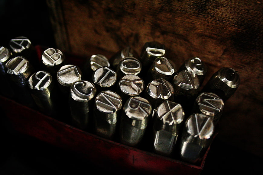 Vintage Metal Letter Stamps in Wooden Box