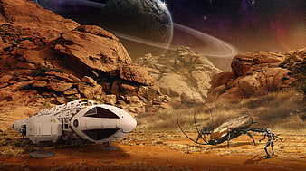 Futuristic Spaceship Landing on Alien Planet with Giant Insect and Robot