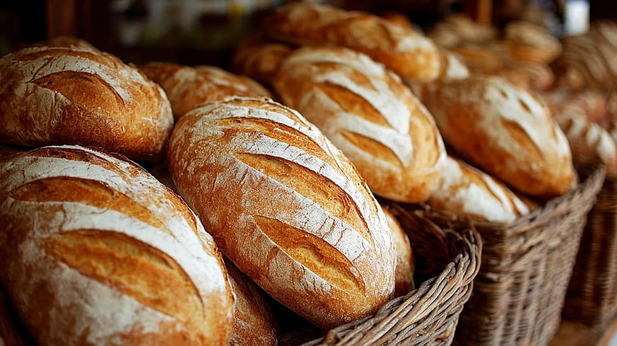 Freshly Baked Artisan Bread Loaves in Wicker Baskets