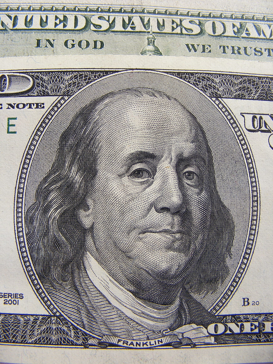 Close-up of Benjamin Franklin Portrait on US One Hundred Dollar Bill