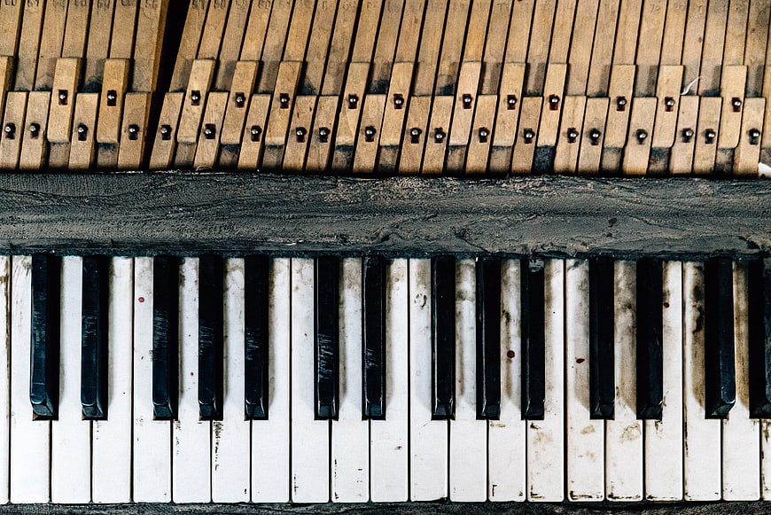 Vintage Piano Keys And Wooden Hammers Close Up