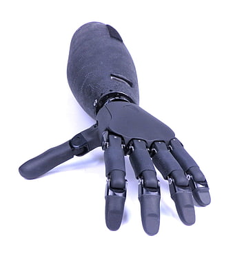 Black Robotic Prosthetic Hand on White Background