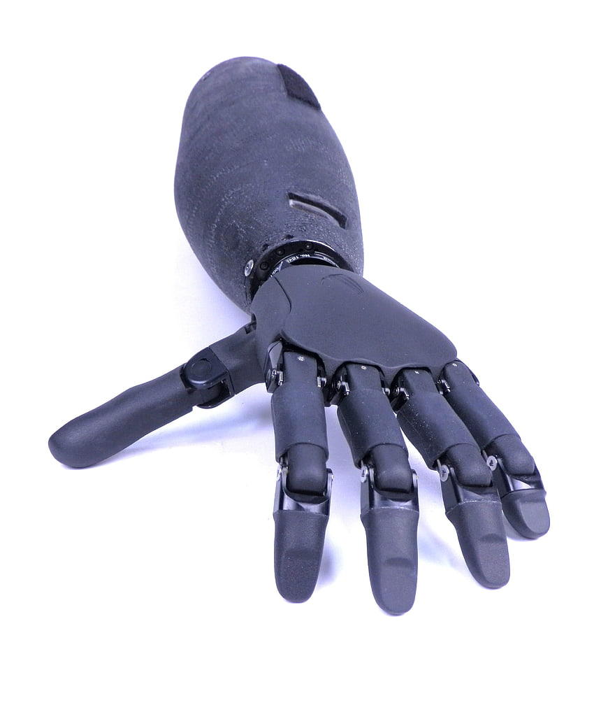 Black Robotic Prosthetic Hand on White Background