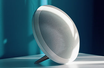 Modern white round speaker on minimalist table with blue background