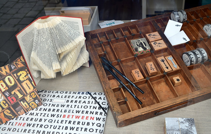 Vintage Wooden Stamp Box with Book Art and Typography