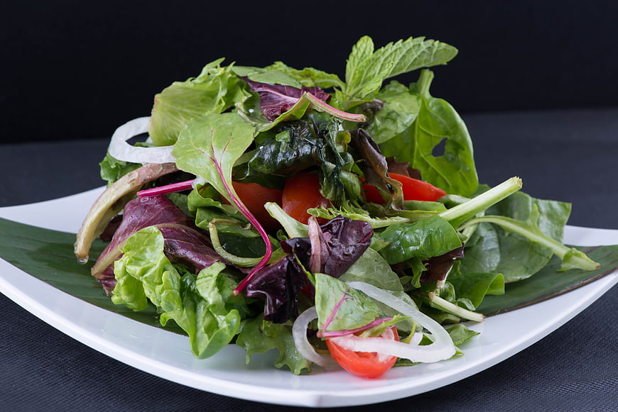 Fresh Mixed Green Salad with Tomatoes and Onions on White Plate