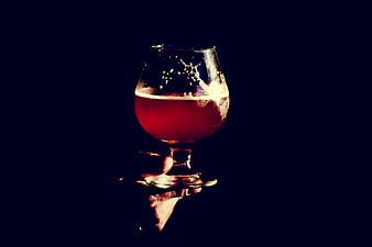 Hand holding amber beer glass against dark background