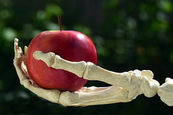 Skeletal hand holding a red apple against a blurred green background