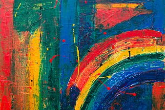 Vibrant Abstract Acrylic Painting with Rainbow Arches and Splatters