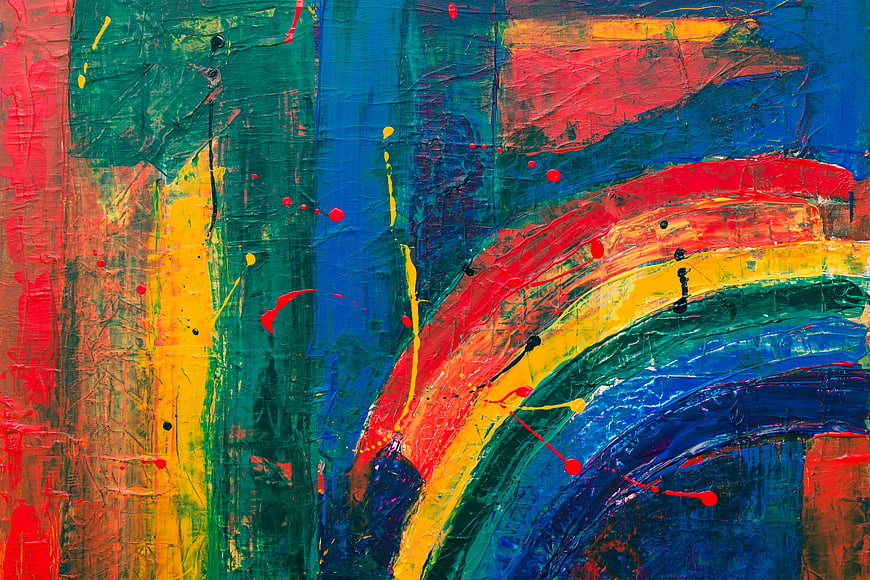 Vibrant Abstract Acrylic Painting with Rainbow Arches and Splatters