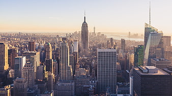 Aerial View of New York City Skyline at Golden Hour