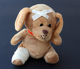 Injured stuffed dog toy with bandages on dark background