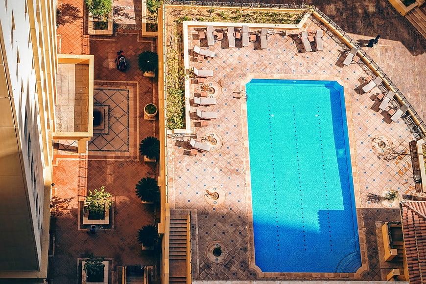Aerial view of hotel swimming pool and terrace