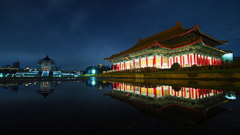 Chiang Kai-shek Memorial Hall Night View with Water Reflection in Taipei