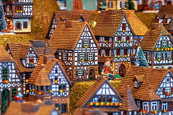 Miniature Porcelain Half-Timbered Christmas Village with Tiny Figurines
