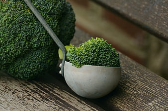 Fresh Broccoli in Metal Ladle on Wooden Table