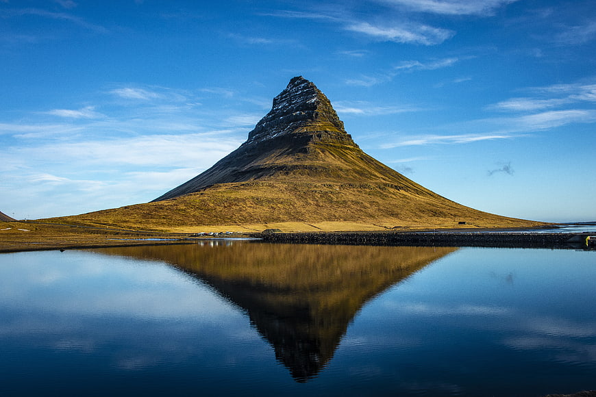 Kirkjufell Mountain Reflection in Lake, Iceland Landscape