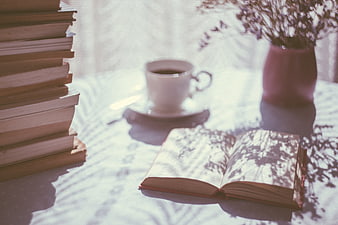 Cozy Reading Nook with Books, Coffee, and Dried Flowers