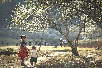 Two children holding hands under blooming trees in Vietnam