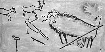 Prehistoric style cave painting with bison, deer, and hunter