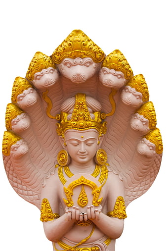 Pink and Gold Hindu Deity Statue with Multi-Headed Serpent Canopy