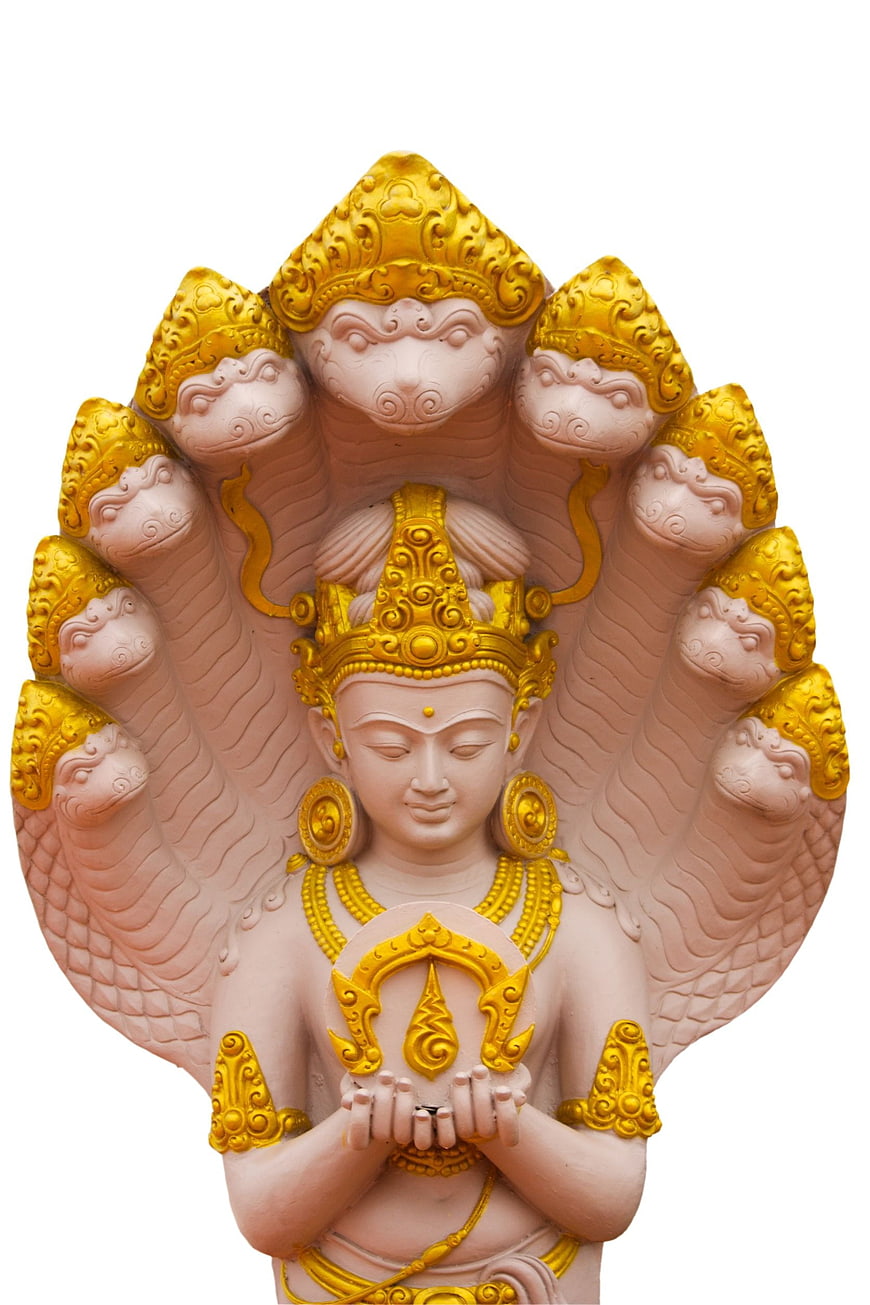 Pink and Gold Hindu Deity Statue with Multi-Headed Serpent Canopy