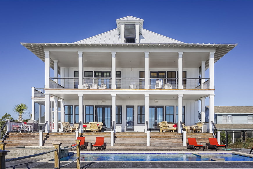 Luxury White Beach House with Pool and Porch