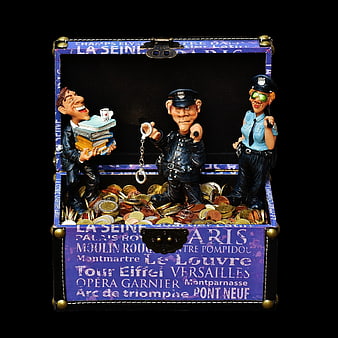 Humorous Parisian Tax Evasion Figurines in Decorative Treasure Chest