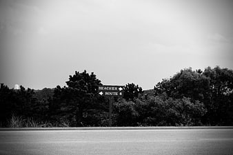 Black and white road sign pointing to beaches and route 6