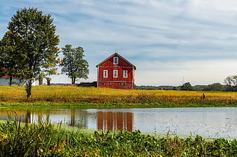 Red Barn Reflected in Pond with Autumn Trees