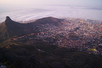 Aerial View of Cape Town City and Lion's Head Mountain at Dusk