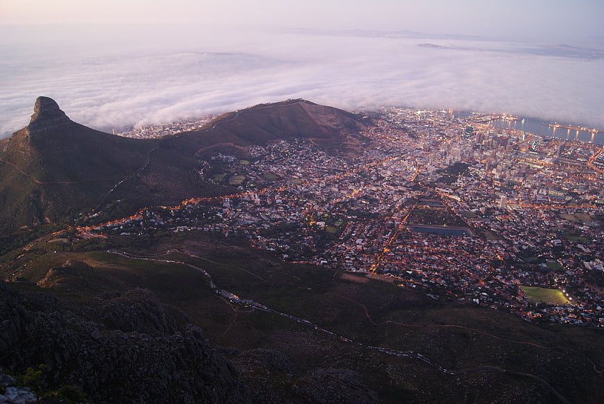 Aerial View of Cape Town City and Lion's Head Mountain at Dusk
