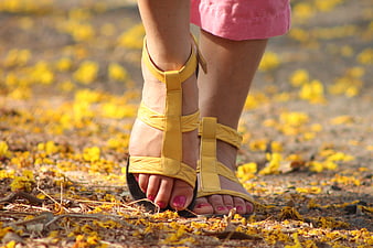 Woman's feet in yellow sandals walking on yellow flowers