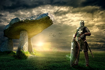 Medieval Knight Standing Near Ancient Dolmen Under Dramatic Sky