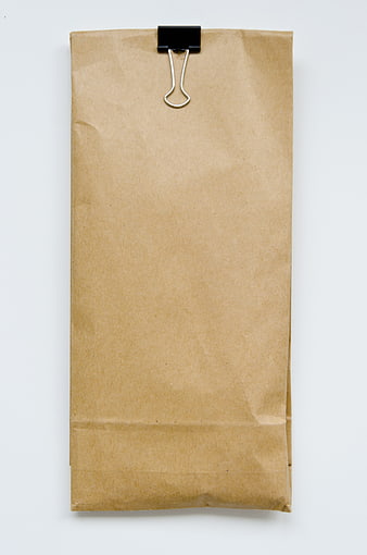 Blank brown paper bag with black binder clip on white background
