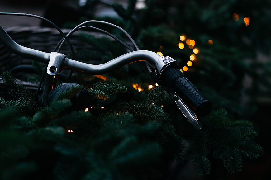 Bicycle Handlebars with Christmas Lights and Pine Branches