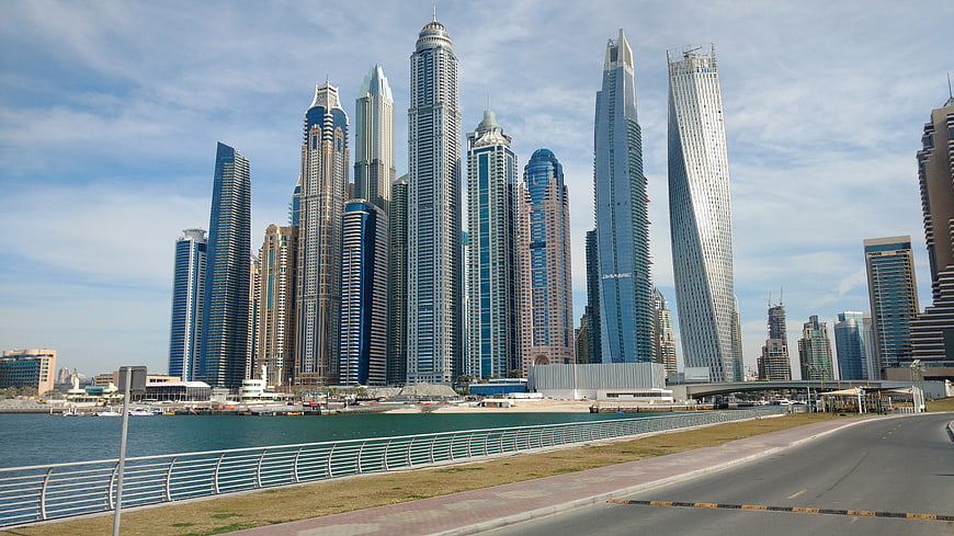 Dubai Marina skyline with modern skyscrapers and waterfront road