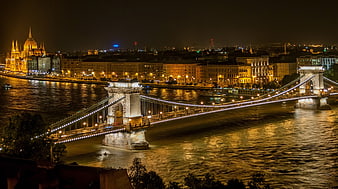 Illuminated Széchenyi Chain Bridge and Parliament at Night, Budapest