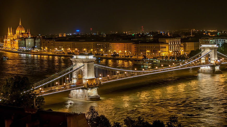 Illuminated Széchenyi Chain Bridge and Parliament at Night, Budapest