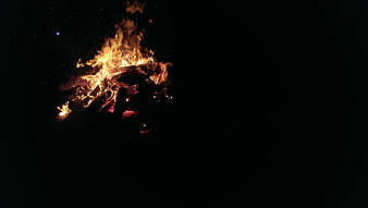 Campfire burning at night with large dark copy space
