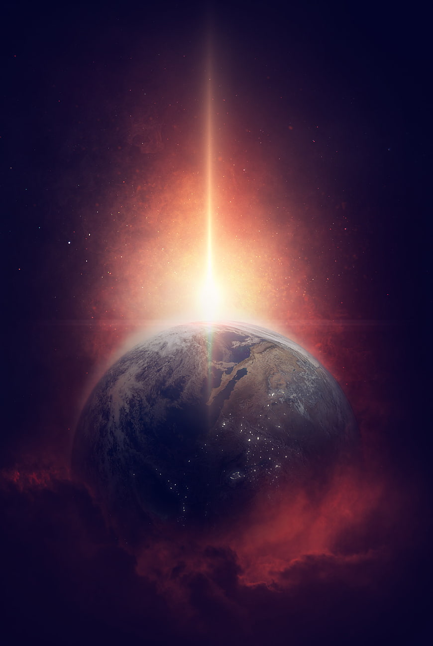 Dramatic Earth Sunrise with Vertical Light Beam in Space