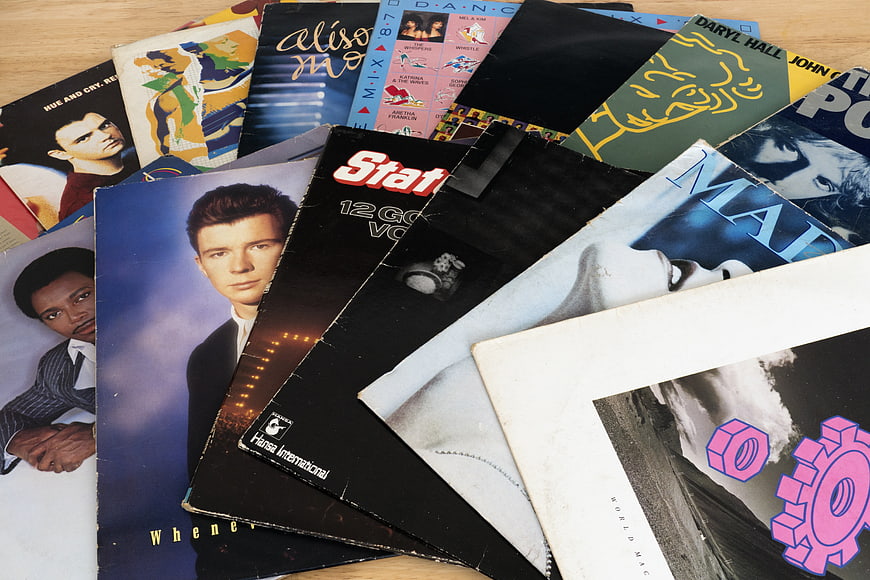 Collection of vintage 80s vinyl records and album covers