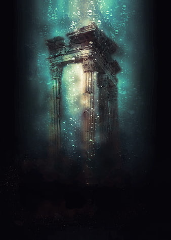 Mystical underwater ancient temple ruins with columns