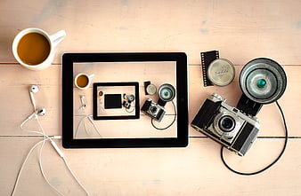 Vintage Camera and Tablet Droste Effect Flat Lay